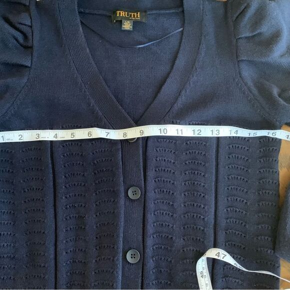 Truth Republic Pleated Puff Sleeve Cardigan Navy Blue woman’s size large preppy - Picture 7 of 13
